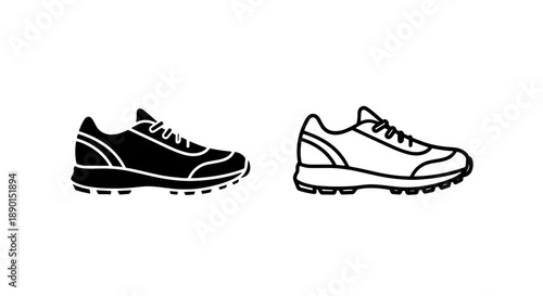 Modern running sneakers icon, black and white outline sport shoes with visible tread