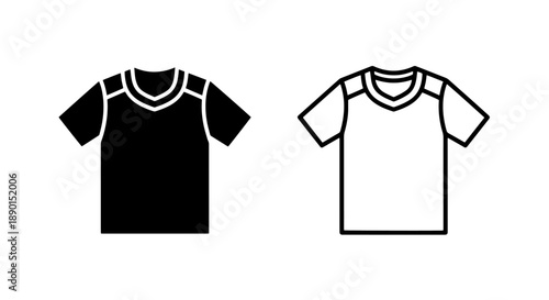Casual T-shirt icon with v-neck, black silhouette and outline apparel symbol vector graphic