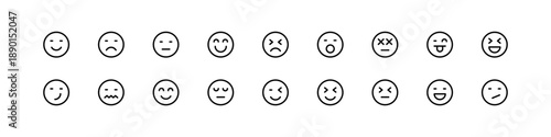 Emoji face line icon set showing various emotions and expressions, perfect for chat apps, digital communication, rating emoticons, feedback systems and UI design. stroke line icon set. collection