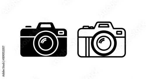 Modern DSLR Camera Icon: Solid Black and Outline Vector for Image Capture and Photo Editing