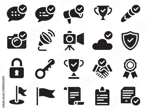 Collection of glyph style icons for business achievements and approvals