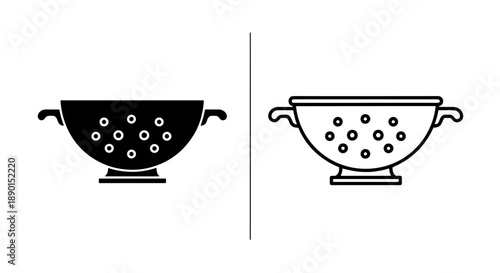 Kitchen Colander Icon Set: Black Solid and Outline Strainer Symbols for Food Preparation