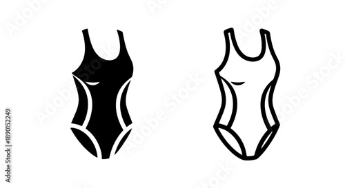 Stylish One-Piece Swimsuit Icon: Black Solid and Outline Women's Bathing Suit Design