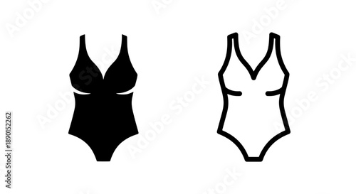 Women's Swimsuit Icon Set: Black Solid and Outline Bathing Suit for Summer Apparel