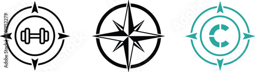 Compass style icons with fitness dumbbell navigation star and refresh symbols modern vector illustration set minimalist directional branding design