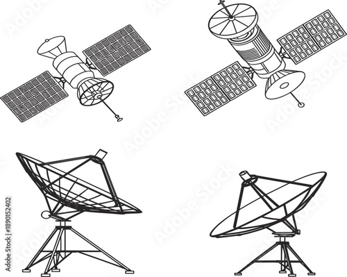 Hand drawn vector line art of communication satellites and radar dish antennas for space technology concept