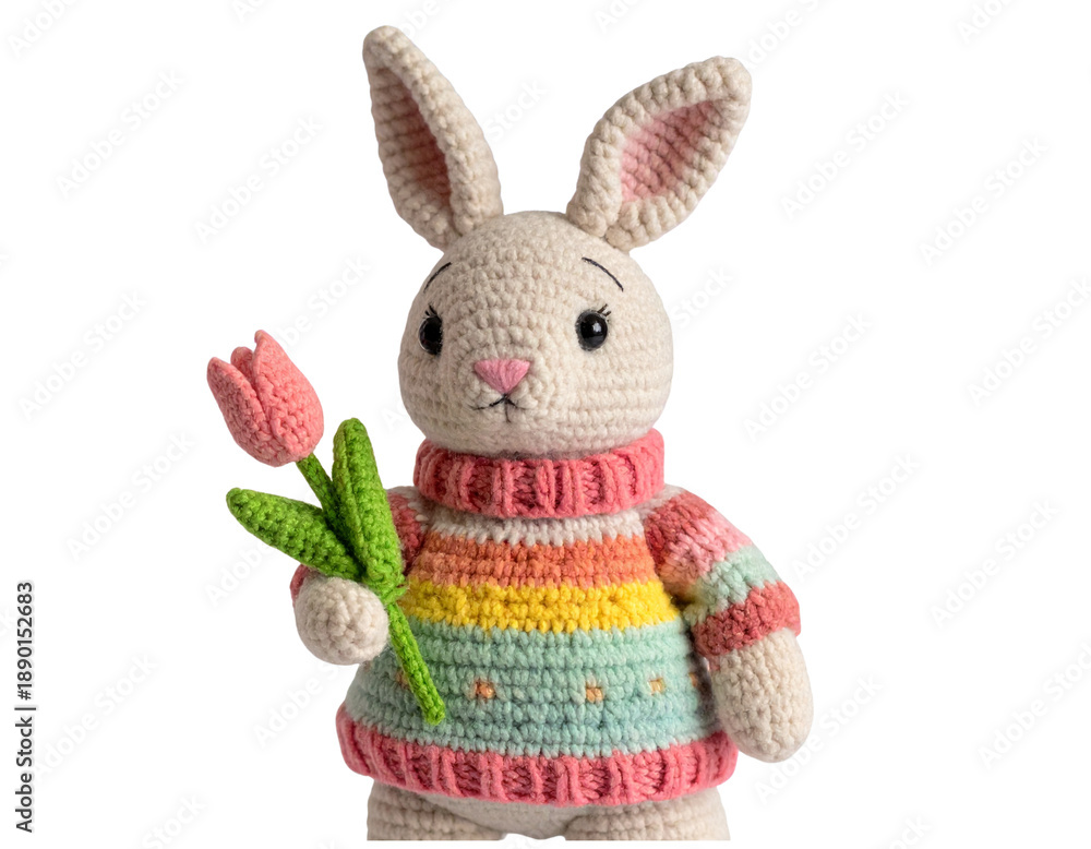 Obraz premium Close-Up of Handmade Toy Rabbit with Daisy, Whimsical Spring Atmosphere, Isolated on Transparent Background