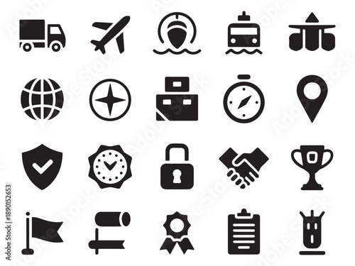 Collection of 20 glyph style icons for logistics shipping transportation and business services