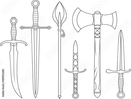 Hand drawn vector line art of medieval weapons, sword, axe, and spear for fantasy game design
