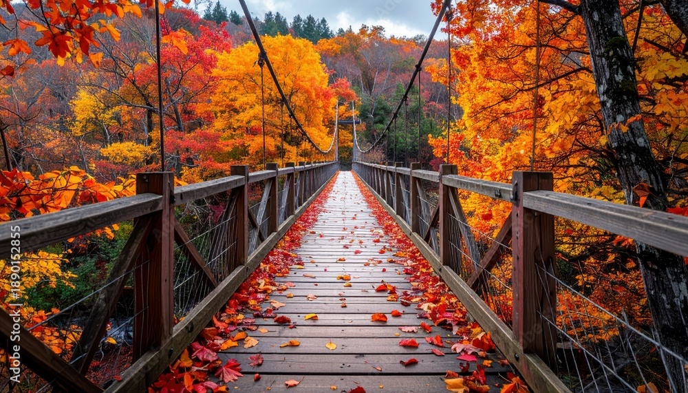 Naklejka premium A picturesque wooden bridge surrounded by vivid autumn leaves, creating a tranquil and colorful forest scene.