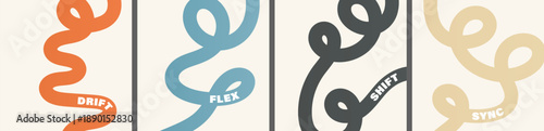 Vibrant abstract poster with flowing shapes - fluid wavy loopy lines with the words Drift, Flex, Shift, and Sync for a dynamic, modern feel, motivational design typography for creative wall art