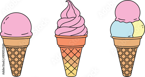 Cute cartoon ice cream cones with single double and soft serve scoops colorful dessert vector illustration set