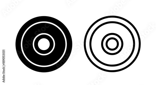 Gym weight plate solid and outline vector icons for fitness and bodybuilding applications