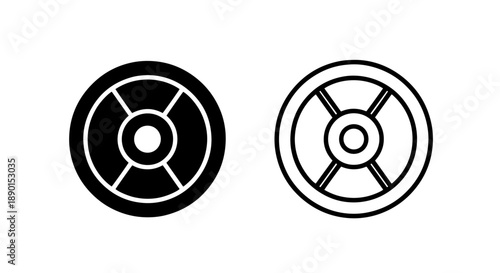 Fitness weight plate solid and outline vector icons for gym workouts and strength exercises