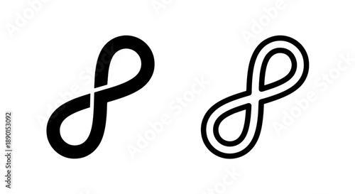 Elegant Infinity Symbol Icon Set: Continuous Loop Design in Solid Black and Outline Style