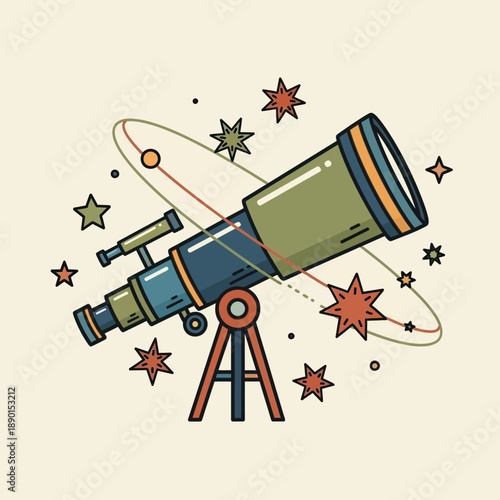 A cartoon telescope set among stars and orbits, symbolizing exploration and scientific discovery in space