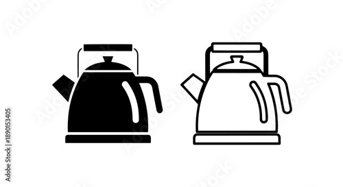 Traditional Stovetop Kettle Icon Set: Vintage Teapot in Solid Black and Outline Style for Kitchen