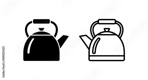 Classic Teapot Kettle Icon Set: Whistling Stovetop Design in Solid Black and Outline for Home