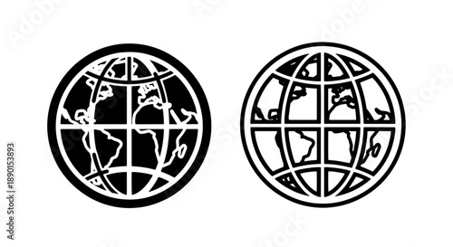 Detailed Black and White Globe Icons with Continents for World Map and Global Concepts