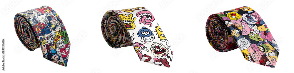 Fototapeta premium Three colorful neckties with comic book style prints isolated on a white or transparent background