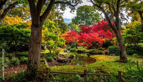 A peaceful Japanese garden in autumn, showcasing vibrant foliage and a tranquil pond surrounded by lush trees.