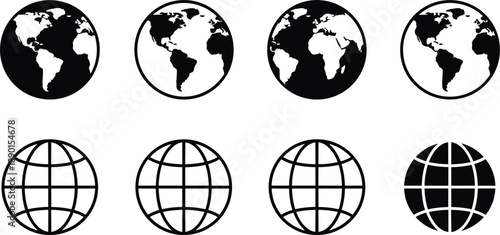 World globe icon set with earth map silhouettes and grid spheres black and white vector illustration global design