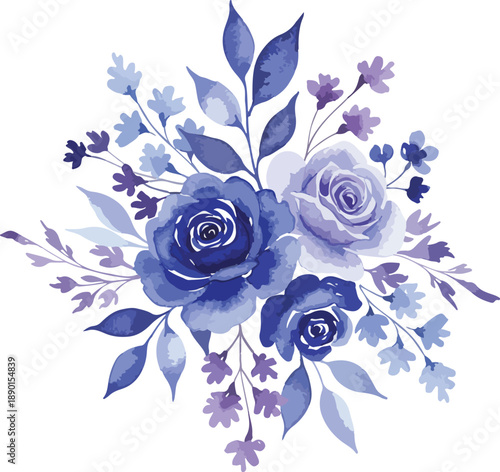 Vintage floral ornament design featuring a blue rose flower illustration with pink blossom elements and green leaf nature patterns for a decorative spring bouquet vector art