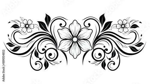 Ornamental botanical illustration with a central flower and swirling leaves and vines in black on white background