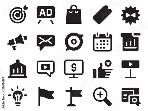 Collection of 20 glyph style icons for business marketing and promotion strategy