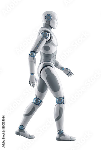 Obraz na płótnie Walking humanoid robot side view isolated. Artificial intelligence motion.