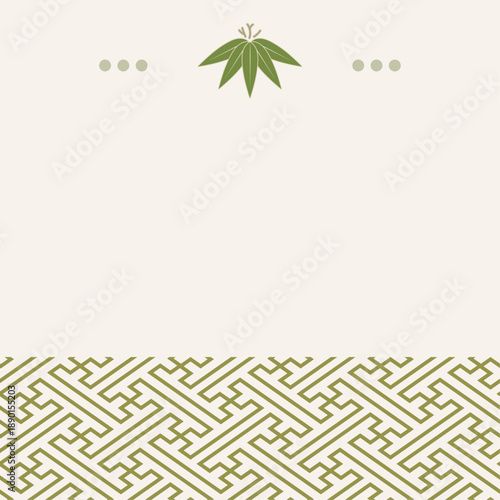 Japanese traditional bamboo motif background with sayagata pattern, minimal flat design, elegant muted green color, decorative vertical layout