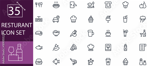 35 Restaurant Icons Set – Food, Dining, Menu, Chef, Kitchen Tools, Table Service, Beverages, Fast Food, Fine Dining, and Culinary Experience Vector Icon Collection.