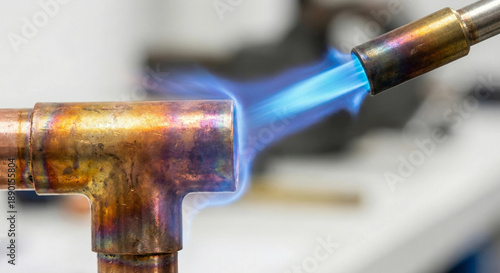 Wallpaper Mural Soldering copper pipe T-joint with blue flame gas torch Torontodigital.ca
