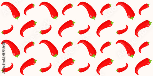 Vibrant seamless pattern with chilli pepper on white background.  Repeated pattern with veggies. Flat cartoon style. Background for design, fabric,  textile, cooking decorations, decor, wrapping paper