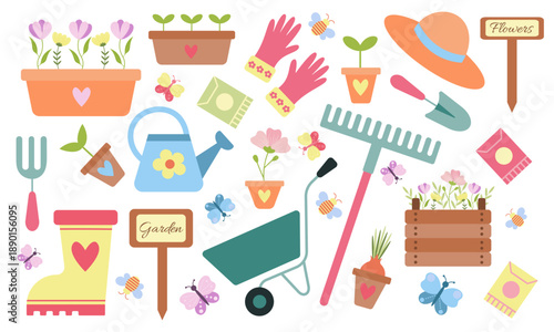 Collection with gardening elements isolated on white background. Spring set with gardening tools. Rake, shovel, watering can, flowers, seedlings, flowerpots, gloves, hat, rubber boots, etc.Vector