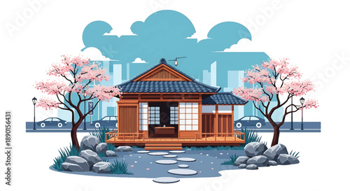 Japanese-inspired wooden house with tiled roof and rock garden, modern flat vector illustration showing peaceful residential architecture and traditional Asian home design