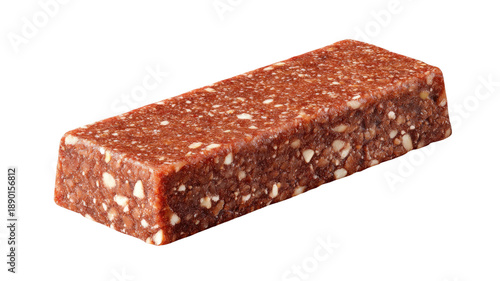 dense date and nut energy bar with cocoa flavor chewy texture natural snack food isolated oon white background