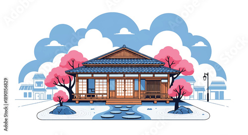 Japanese-inspired wooden house with tiled roof and rock garden, modern flat vector illustration showing peaceful residential architecture and traditional Asian home design
