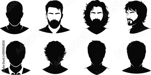 A collection of eight black silhouettes depicting diverse male hairstyles and facial hair