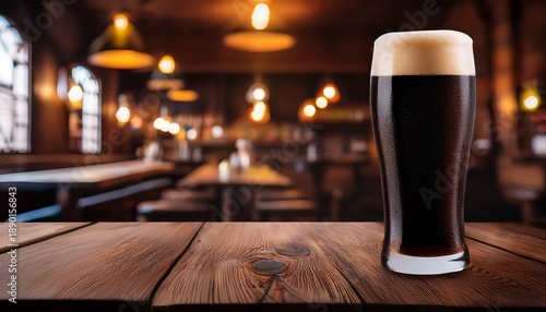 Pint Of Dark Beer On A Long Wooden Table In A Rustic Pub