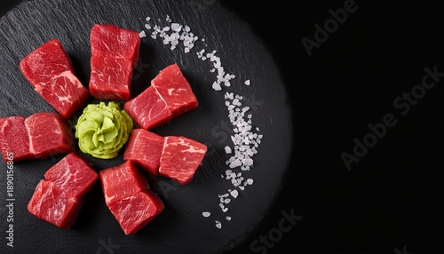 High Quality Raw Marbled Beef Cubes Arranged In Flower Shape On Black Slate Plate With Wasabi Paste And Sea Salt Showing Fresh Red Meat Ingredient Suitable For Premium Bbq Restaurant Menu
