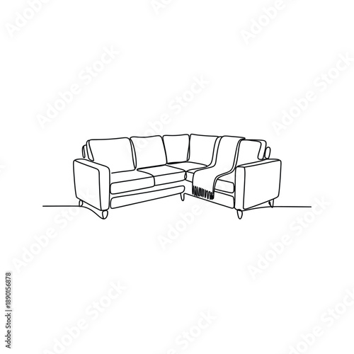 Line drawing of a L shaped sofa with throw blanket  modern furniture design