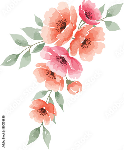 A beautiful spring floral illustration featuring a blossom bouquet of pink roses and green leaf design elements on a white background for a nature-inspired card pattern or beauty art decoration