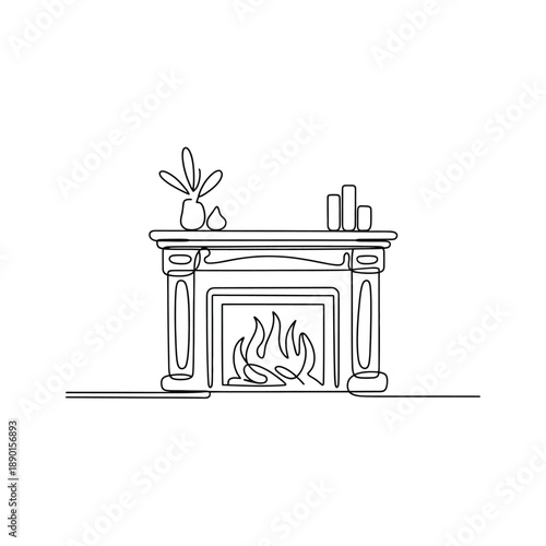 Line drawing of a fireplace with a vase and books on the mantle