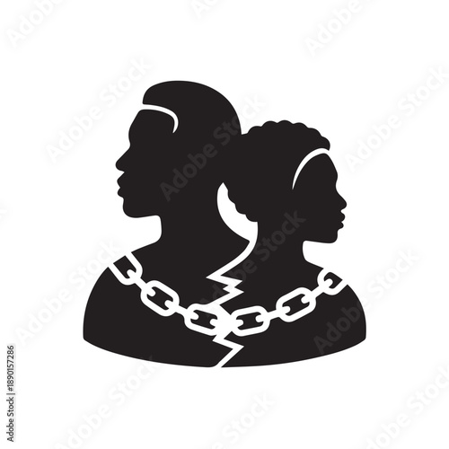African man and woman silhouette with broken chains and lightning bolt separation representing struggle for freedom from slavery and breaking bonds against transparent background art