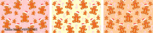 Set of cheerful seamless patterns featuring adorable gingerbread cookie characters in Santa hats, adorned with festive stars and snowflakes, perfect for holiday season design