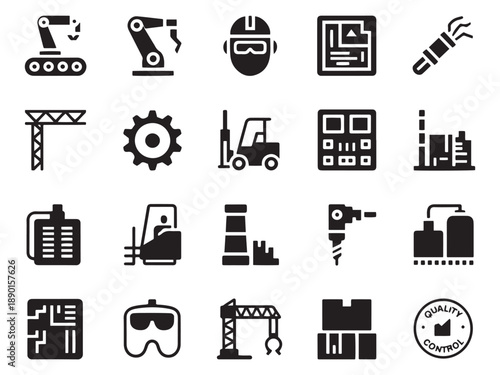 Industrial icons set manufacturing construction automation technology and machinery graphics collection