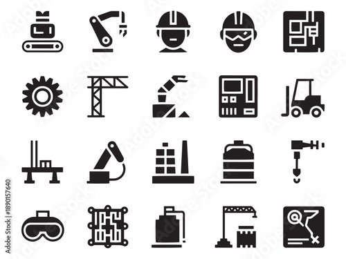 Industrial engineering icons set featuring machinery technology and safety equipment glyphs
