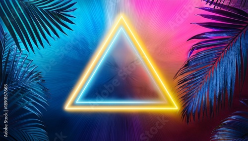 Blue Pink And Yellow Neon Triangle On Colorful Jungle Background