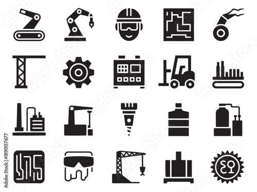 Industrial and manufacturing icon set for engineering and production concepts